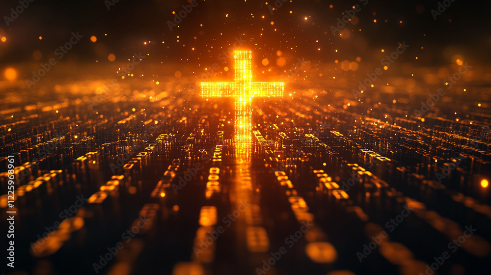 Poster illuminated golden cross made of binary code in a digital futuristic landscape, symbolizing faith, t