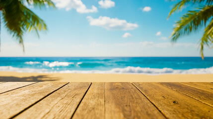 Fototapeta premium A wooden table with a view of the ocean and palm trees