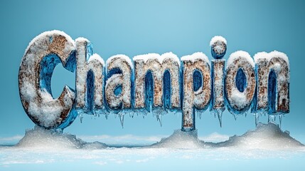 Frozen word "Champion" covered in snow and icicles on a light blue background.
