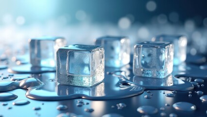 Fresh ice cubes melting on a reflective surface with scattered water droplets	