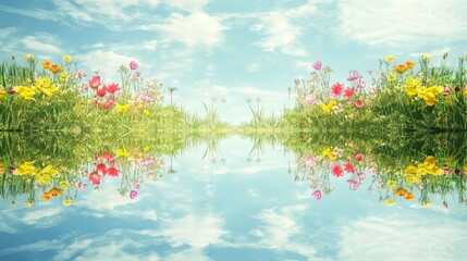 Fototapeta premium A field of flowers with a blue sky in the background. The flowers are in full bloom and the sky is clear