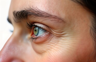 Obraz premium Closeup half face mature woman with wrinkles around eyes. Wrinkles, crow feet detailed view. Mature female aging skin. Focus on facial aging process. Skin texture highlighted. Ageing concept imagery.