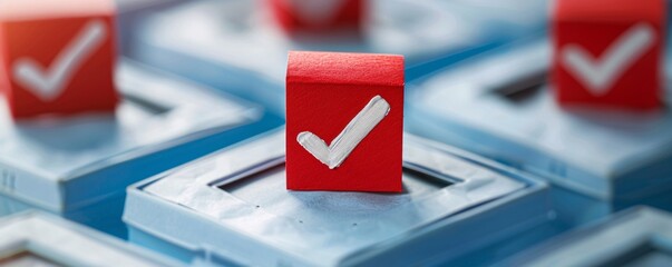Stand out from the crowd: a unique red cube with a check mark among blue cubes with check marks