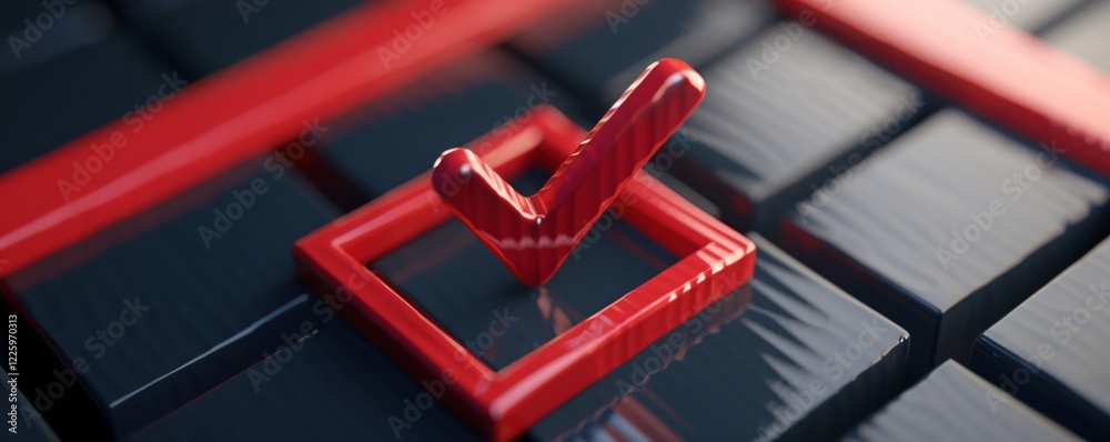 Poster 3d rendered illustration of a standout red check mark among a group of dark cubes
