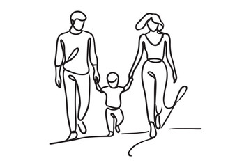 Happy family in continuous line art drawing style