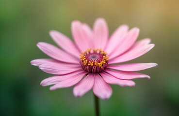 Pink flower blooms beautifully. Macro view shows delicate petals. Soft focus background suggests garden or nature setting. Flower is center of attention in this close-up shot.