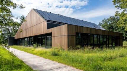 Obraz premium Modern Sustainable Building with Solar Panels, Wooden Facade and Green Surroundings