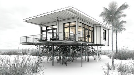 Architectural rendering of a modern beach house elevated on stilts, nestled amongst coastal grasses and palm trees.