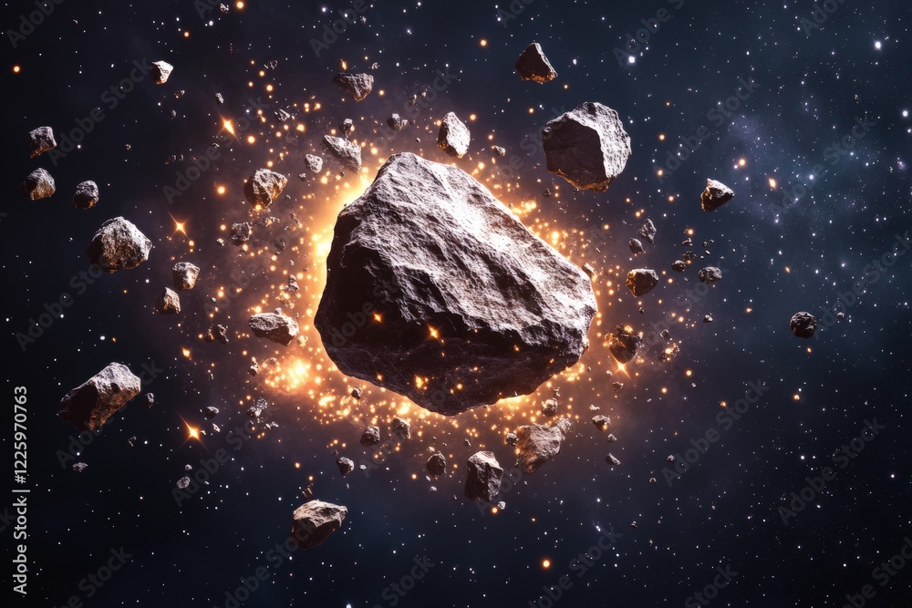 Poster asteroid explosion in deep space surrounded by glowing debris and cosmic dust