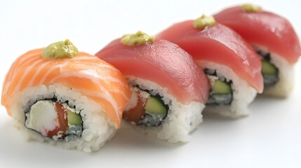 Delicious Salmon and Tuna Sushi Rolls Closeup