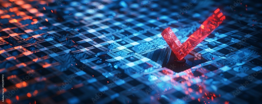 Poster futuristic motherboard is illuminated by a red checkmark, indicating a successful technological oper