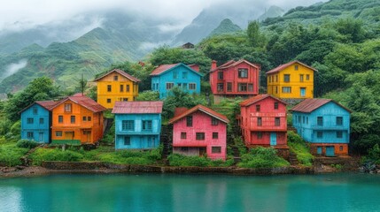Fototapeta premium Colorful Houses by the Lake in a Misty Mountain Village