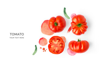 Creative layout made of tomato and watercolor spots on the background. Flat lay. Food concept. Lemon on white background.