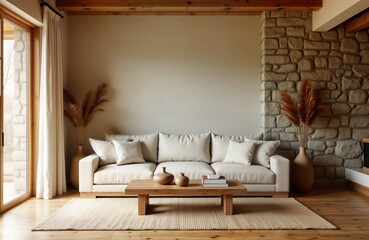 Cozy living room with wabi-sabi design. Rustic style furniture complements modern aesthetic. Natural elements like dried plants add warmth to space. Room features light beige sofa, wooden coffee