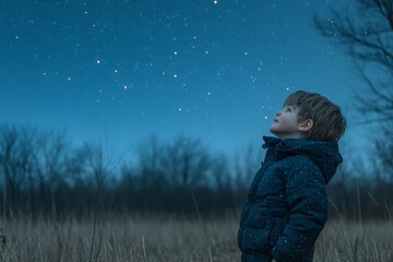 Young boy gazes at a starry night sky in an open field during winter