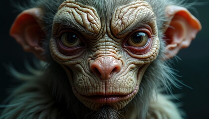 Close-up view of fantastical creature. Detailed skin textures, intricate hair. Creature intense expression. Possible concepts fairy, goblin, elf, monster. Suitable for fantasy art, game design,