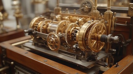 Naklejka premium Intricate Golden Gears of Antique Machinery: A Close-Up View