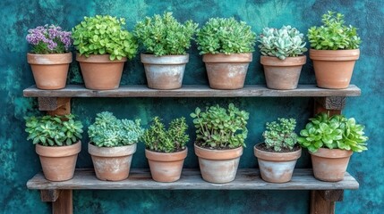 Terracotta Pots of Succulents and Herbs on a Rustic Shelf against a Teal Wall