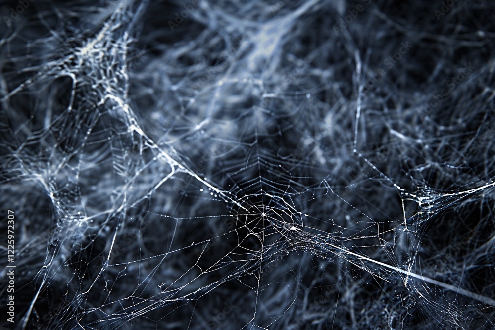 Aufkleber delicate spiderweb adorned with tiny dew drops against a dark backdrop