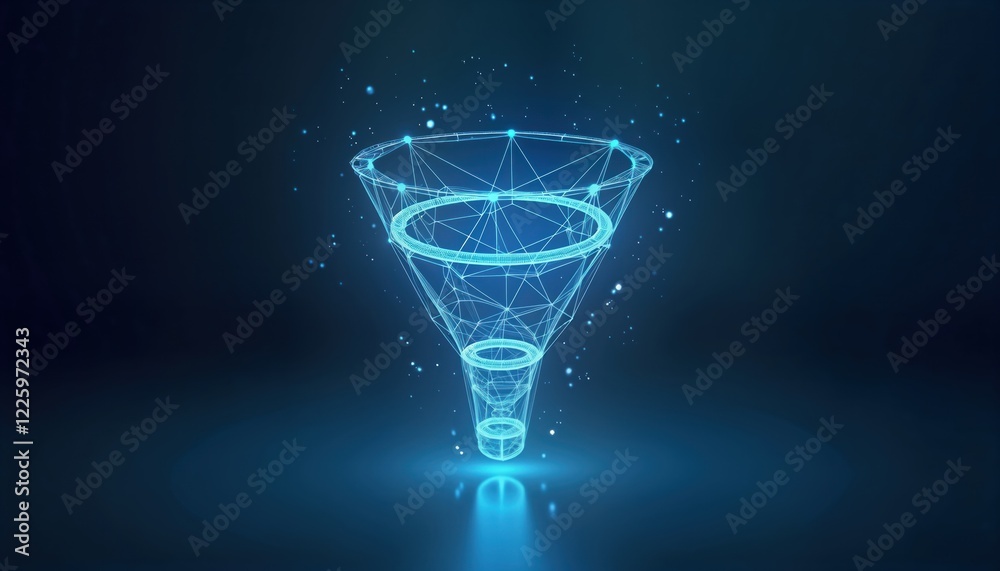 Aufkleber Abstract polygonal funnel represents data filtering process. Modern tech infographic design. Visualizes sales funnel stages. Shows concept of conversion. Futuristic design element. Suitable for