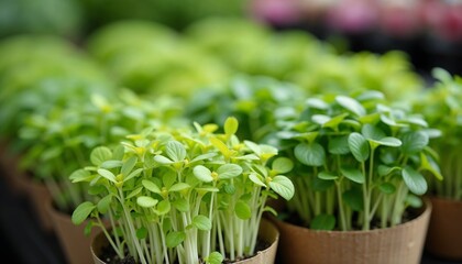 Bright assorted organic microgreens neatly arranged in biodegradable pots, ready for sale at farmers market