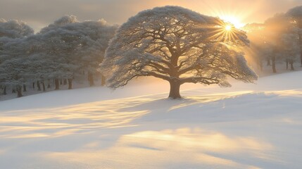 Winter Sunrise: Majestic Oak Tree in a Snowy Landscape