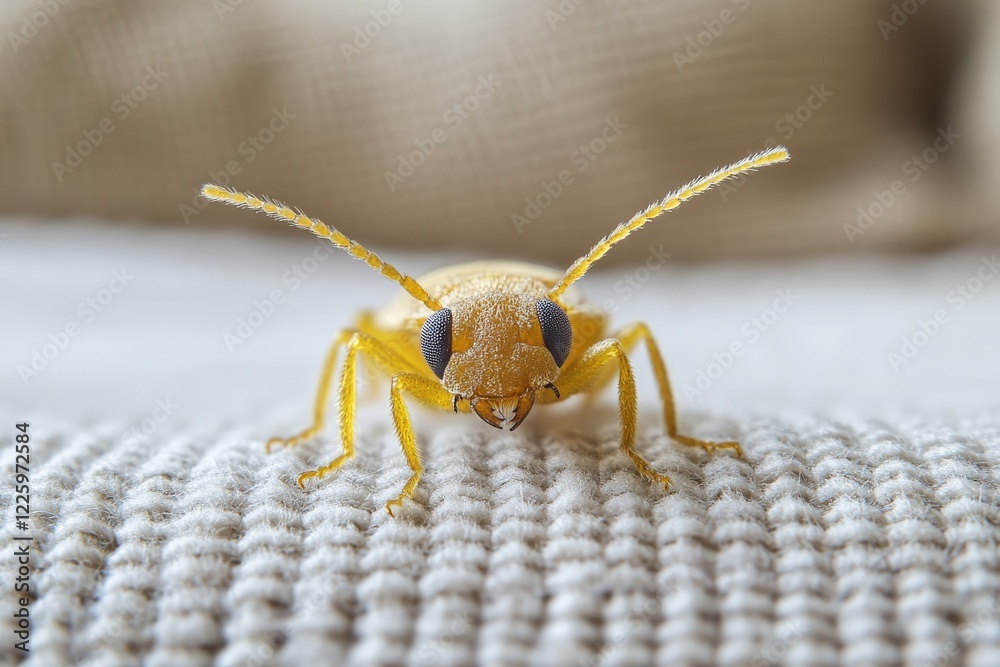 Poster Close-up view of a tiny yellow insect with distinctive features resting on a textured surface in bright lighting