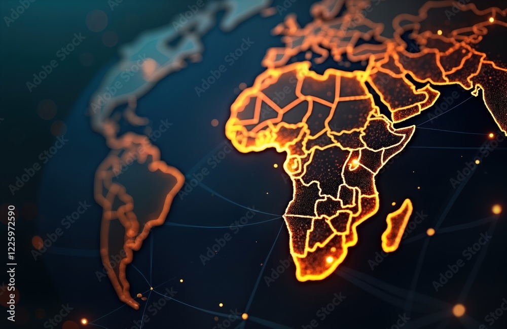 Poster global network map focuses on africa. detailed map of african countries. digital illustration shows 
