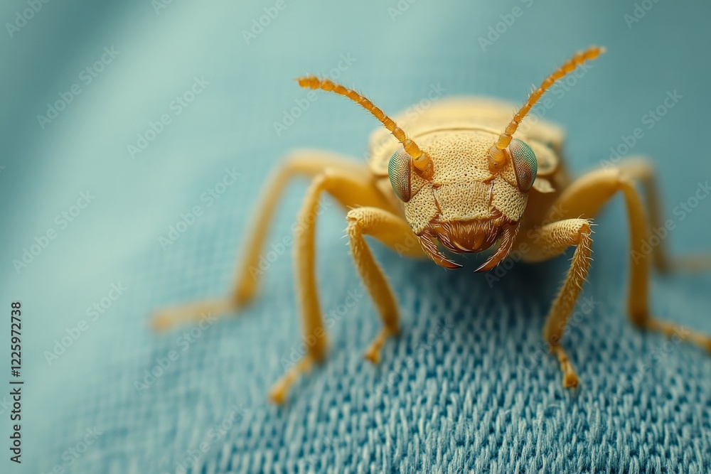 Poster close-up of a golden insect on fabric showcasing intricate features and textures