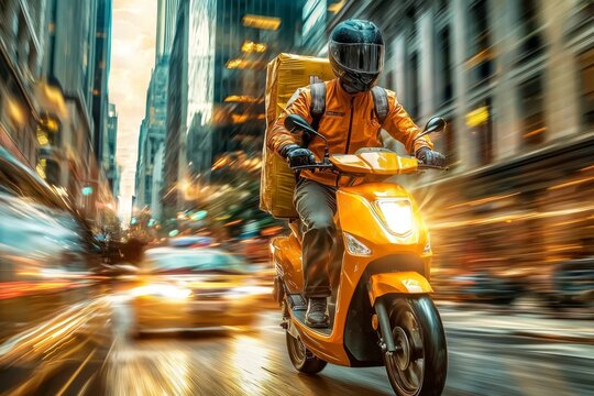 Efficient city delivery service utilizing a sleek yellow scooter.
