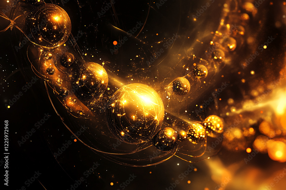 Poster abstract golden spheres interconnected with glowing light trails on a dark background, symbolizing f