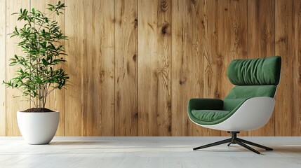 Modern Green Velvet Armchair with Plant in Minimalist Interior