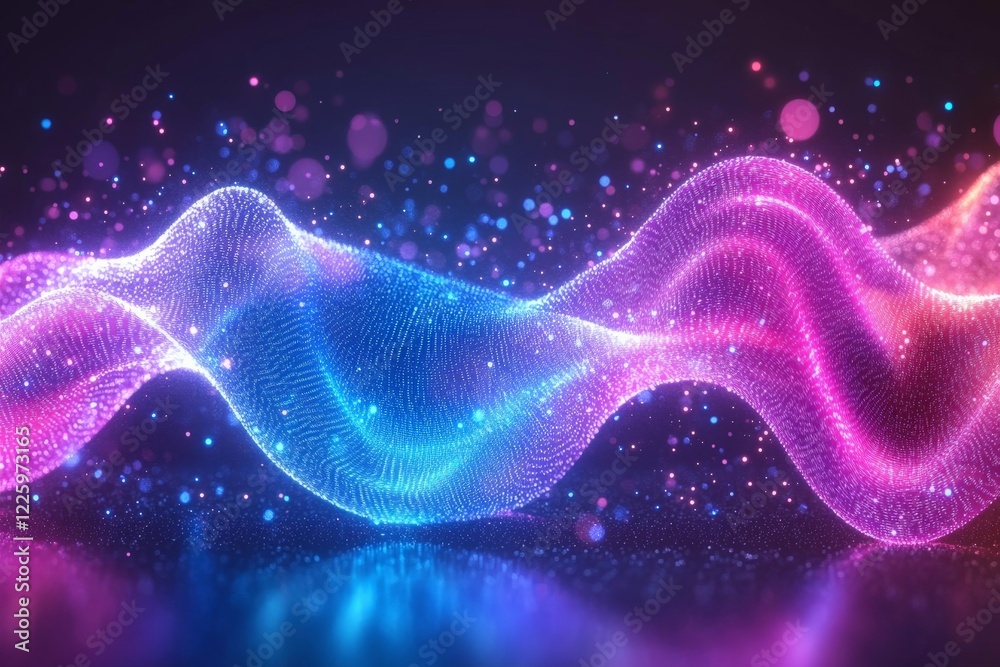Poster Colorful wave of light particles creating an abstract digital design in a dark background