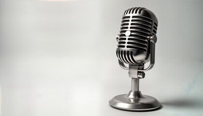 Retro microphone isolated on white background. Classic audio equipment. Stylish vintage design. Suitable for music audio projects. Used for advertising presentations. Empty space for branding. Ideal