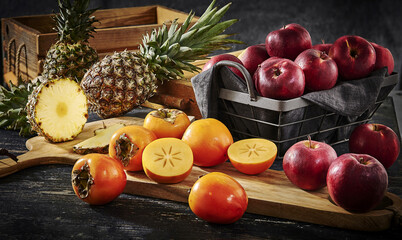 Kaki, ananas i jabłka w  kompozycji © Jolaya