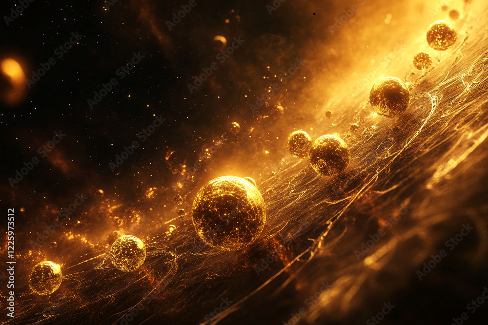Poster golden spheres floating in a glowing cosmic environment with interconnected energy waves, representi