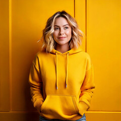 Eine blonde junge Frau im gelben Hoodie vor einer gelben Wand