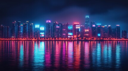 Fototapeta premium Neon Cityscape at Night: A Vibrant Reflection