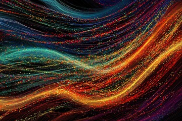 Dynamic streams of color create an energetic backdrop.