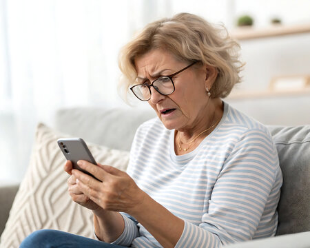 Confused senior woman in eyeglasses squinting eyes, try to read message on cellphone, having problems with vision, sitting on couch at home
