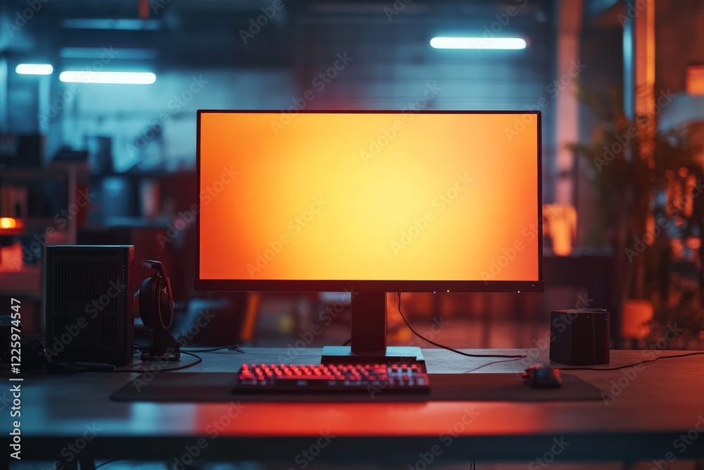 Poster Modern computer setup with a vibrant screen in a stylish workspace during evening hours
