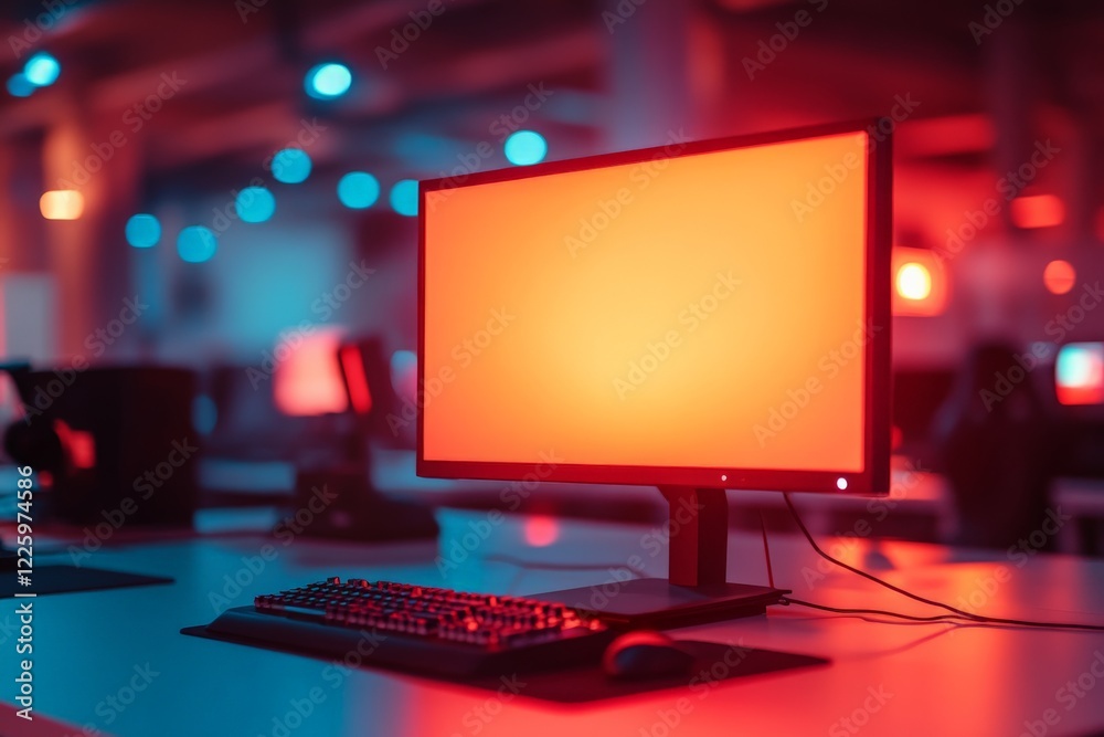 Poster Modern workspace featuring a vibrant computer monitor with red backlighting in a contemporary office environment