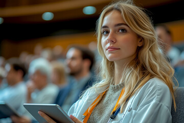 Young woman attending a conference, engaged in note taking with a tablet, in an academic setting in a large auditorium filled with attentive audience members and eager listeners. Medical conference