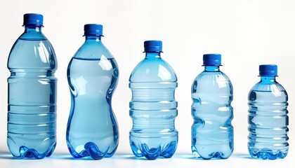 Different sizes of empty blue plastic water bottles. Various shapes, crumpled. Eco friendly design. Good for eco concepts. Isolated on white background. Perfect for eco-conscious products