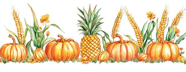 Autumn Harvest Watercolor Border Pumpkins, Pineapple, Wheat, and Flowers