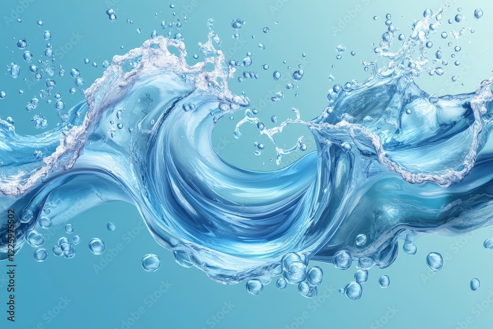 Poster dynamic flowing water wave with bubbles reflecting light in a bright blue background
