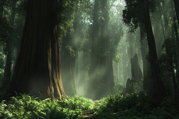 Obraz premium Enchanted Redwood Forest Path: A Mystical Journey Through Giant Trees