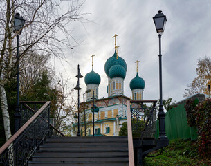 Russia. The town of Tutayev. Resurrection Cathedral. View from the stairs to the Volga