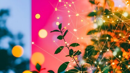 Vibrant Plant Network Abstract Art,   Digital Botanical Lightscape