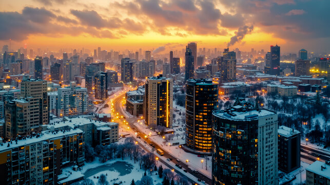 A view of a city at sunset with snow on the ground